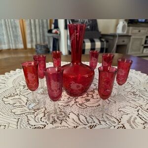 Vintage Cranberry bohemian decanter set